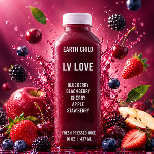 EARTH CHILD LV LOVE cold-pressed juice bottle with blueberry, blackberry, cherry, apple and strawberry