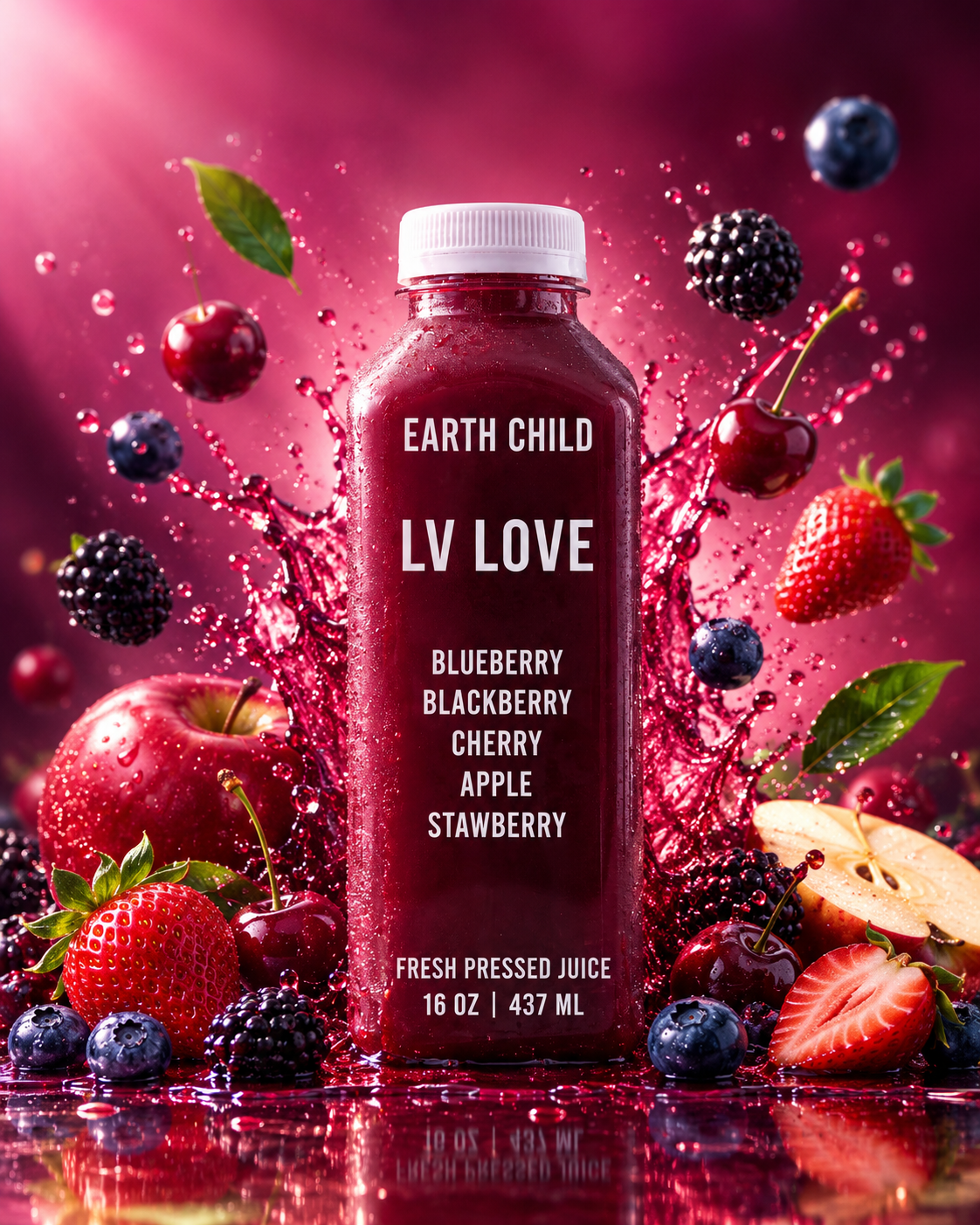 EARTH CHILD LV LOVE cold-pressed juice bottle with blueberry, blackberry, cherry, apple and strawberry