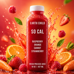EARTH CHILD SO CAL cold-pressed juice bottle with raspberry, orange, carrot and strawberry