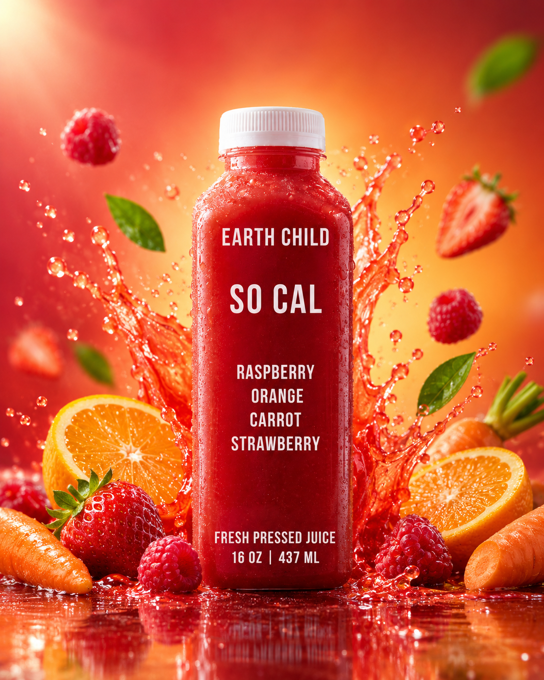 EARTH CHILD SO CAL cold-pressed juice bottle with raspberry, orange, carrot and strawberry